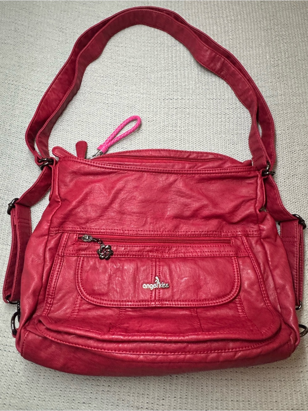 Angel Kiss Bright Pink Shoulder Bag with Front Zip Pocket